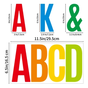 Detailed dimension guide for 6-inch waterproof letter stickers in various colors