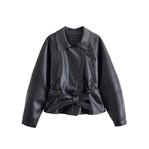 Women's black faux leather short trench coat with waist belt and lapel collar