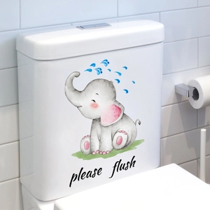 Cartoon elephant toilet sticker with 'please flush' text on a white ceramic tank