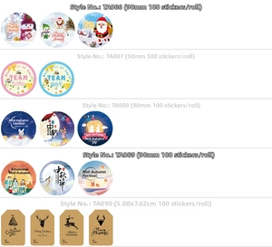 Overview of Happy Birthday stickers, Christmas gift tags, and Moon Festival themed labels