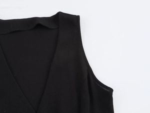 Close-up of elegant black sleeveless jumpsuit featuring a tailored V-neck and smooth fabric