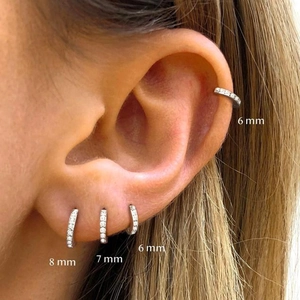 Silver geometric hoop earrings with cubic zirconia available in 6mm, 7mm, and 8mm sizes