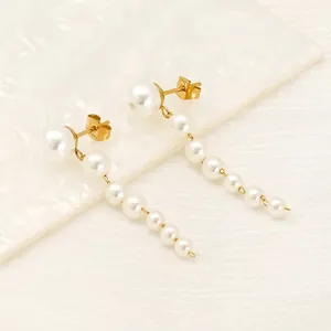 Elegant 18K gold plated stainless steel pearl tassel earrings with vertical gradient design