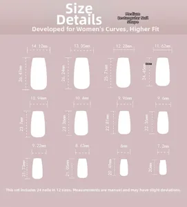 Size chart showing 12 dimensions for medium-long square French white floral press-on nails