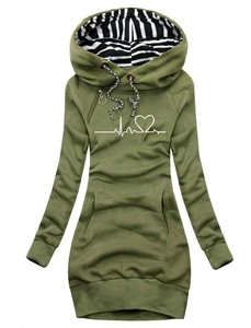 Detail of army green slim fit hoodie dress with heart rate print and drawstring hood