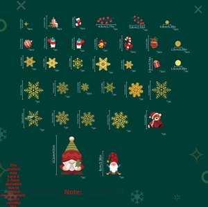 Tableau des tailles pour stickers de Noël avec dimensions des flocons et des lutins