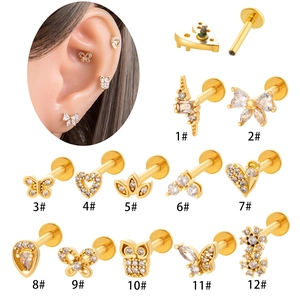 Zirconia Labret Piercing Jewelry Stainless Steel Pole Copper Top Heart Butterfly Shape Cartilage Stud Earring Women