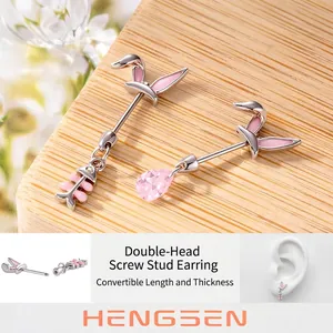 Rabbit Ears Cartilage Stud Earrings Titanium Steel Screw Back Helix Piercing Pink Enamel Fishbone Teardrop Crystal
