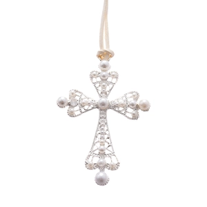 Exaggerated leather cord necklace with a filigree cross pendant and white imitation pearls
