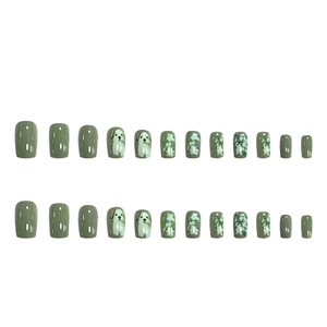 Olive green press-on nails with cute dog and floral patterns, 24 piece square set