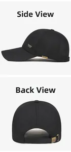 Detail view of black cotton baseball cap showing side print and adjustable metal back buckle