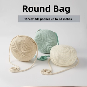 Detail of 15x7cm handmade woven round crossbody bag showing texture and size dimensions