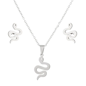 Macro shot of silver stainless steel jewelry set including snake necklace and stud earrings