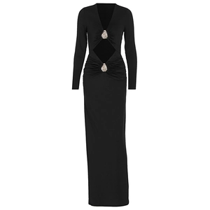 Detail of waist cut-out on black long sleeve dress with teardrop crystal fasteners