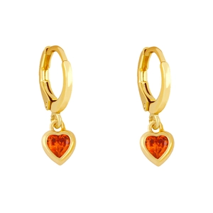 Close-up of golden hoop earrings featuring vibrant orange heart-shaped zircon pendants