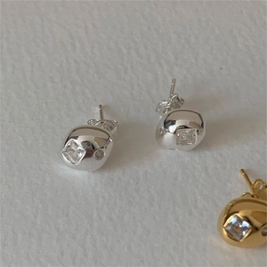 925 Sterling Silver Stud Earrings Irregular Pebble Shape Geometric Inlaid Square Zircon Minimalist Aesthetic Jewelry For Women