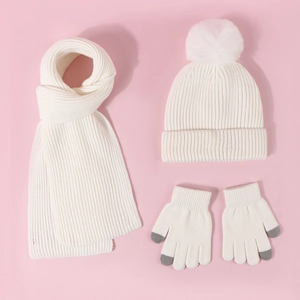 Knitted Beanie Hat Long Scarf And Touch Screen Gloves Thermal Winter Accessories Solid Color Soft Acrylic For Kids Children