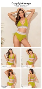 Détails du bikini vert à rayures tissées colorées et tissu en nylon réglable
