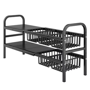 Expandable black 2-tier under sink organizer with sliding mesh baskets for kitchen cabinet