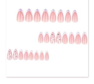 Detailed set of 24 almond press-on nails with lavender french tips and daisy patterns