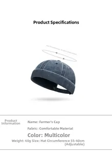 Detail view of washed cotton brimless hat with 55-60cm adjustable strap size chart
