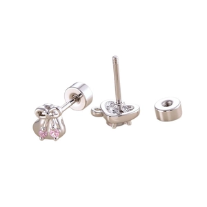 Pink gemstone bow heart stud earrings in silver metal shown from multiple angles