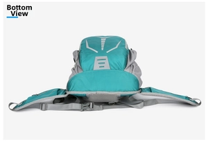 Bottom view of teal cycling backpack showing adjustable waist straps and buckle