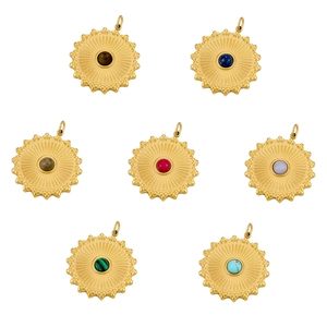 Vintage Sunburst Round Pendant Stainless Steel Natural Gemstone Charm For DIY Jewelry Making French Style Retro