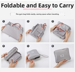 Six-step guide showing how to fold the grey and pink sports bag for compact storage