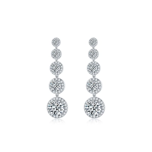 Elegant silver tassel earrings with gradient zircon circles on white background