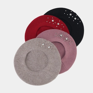Autumn rhinestone flower rabbit fur berets in black, burgundy, pink and grey colors