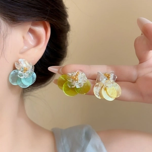 Summer Shell Rhinestone Flower Stud Earrings For Women Stainless Steel Post Acrylic Petal Earrings Elegant Vacation Daily Jewelry