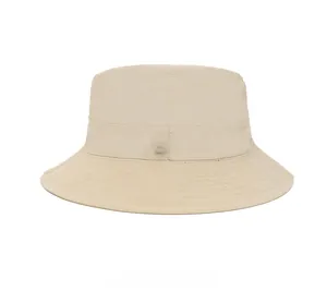 Detail back view of a beige sun hat with breathable fabric and blue brand label
