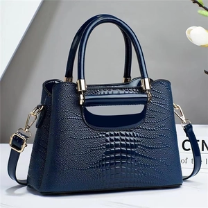 Women PU Leather Croco Embossed Handbag Glossy Patent Shoulder Bag Double Handles Adjustable Strap Gold Hardware Elegant