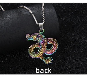 Macro detail of rainbow dragon pendant back showing iridescent scales and texture