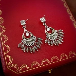 Fan Shaped Tassel Dangle Earrings Alloy Crystal Rhinestone With 925 Sterling Silver Earring Post Vintage Ethnic For Women