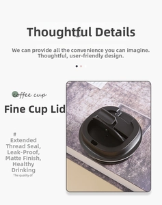 Detail of matte black coffee cup lid with leak-proof screw thread and sealing gasket