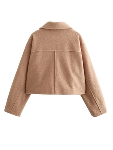 Detailed back view of camel wool blend jacket showing textured fabric and collar