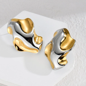 Abstract two-tone gold and silver stainless steel stud earrings with a wavy fluid design
