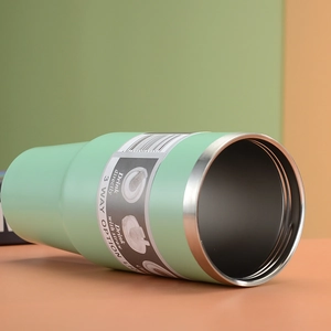 Detail of light green steel tumbler lid showing 3-way drinking options and straw hole