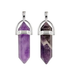 Natural purple agate hexagonal crystal pendants with silver metal clasps on white background