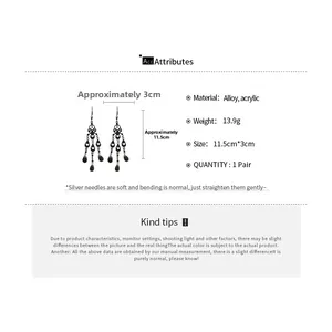 Detailed size chart for black teardrop tassel earrings made of alloy and acrylic