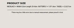 Size chart showing butterfly tassel necklace dimensions and pendant measurements in detail