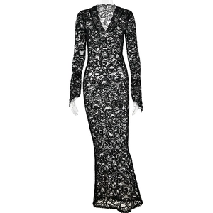 Elegant black lace long sleeve maxi dress with deep V-neck and sheer floral patterns
