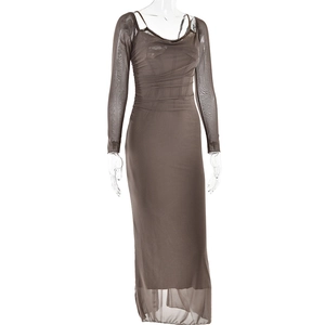Detail view of brown mesh dress featuring ruching and thin straps on white background