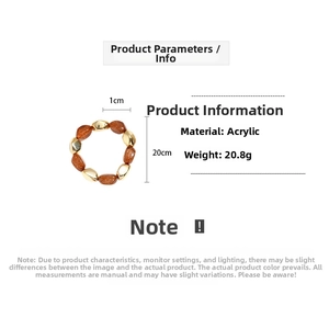 Detail view showing 20.8g acrylic bead bracelet dimensions with gold and brown beads