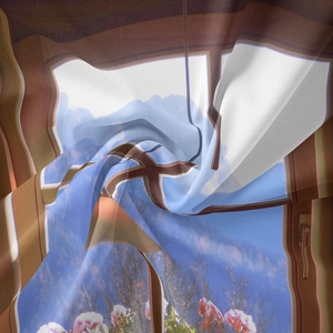 Close-up of silk-textured tapestry fabric showing scenic window view and pink flowers