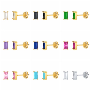 Rectangular Zircon Stud Earrings Simple Baguette Cut Geometric Copper Micro Pave Jewelry With 925 Sterling Silver Earring Post For Women
