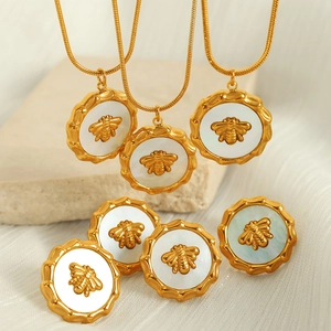 Gioielli Ape Collana E Orecchini Acciaio Inossidabile Madreperla Tondo Elegante Minimalista Per Donna