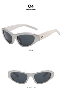 Detail view of silver Y2K sunglasses with star emblem on side and front views